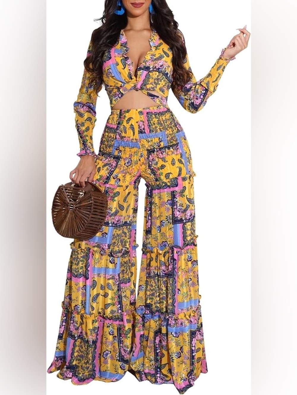 Banjul Yellow Patchwork Wide-Leg Pants with Pink & Blue Accents size 2x /2x
